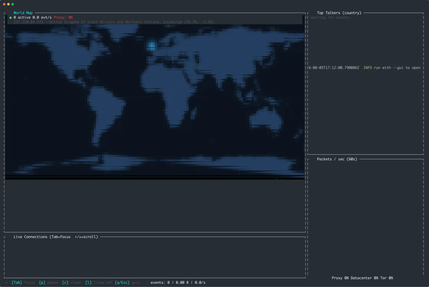 geotop TUI with the world map, top-talkers panel and live log